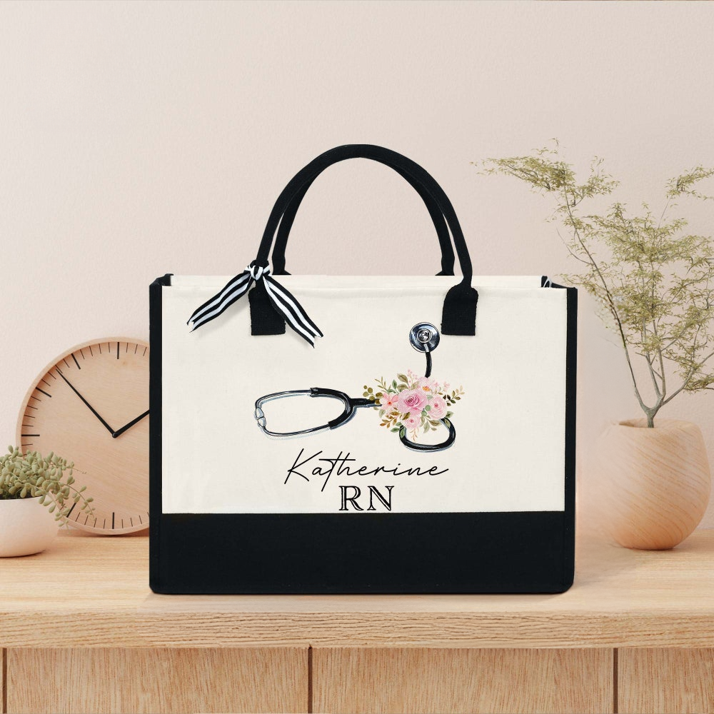 Personalized Nurse Floral Stethoscope Canvas Tote Bag 1 - Doctor Gifts Shop